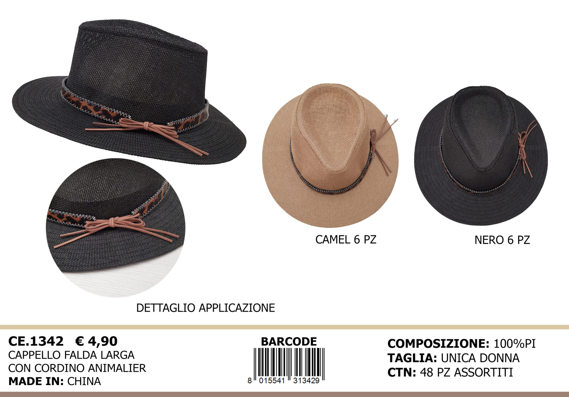 cappello falda larga con cordino animalier