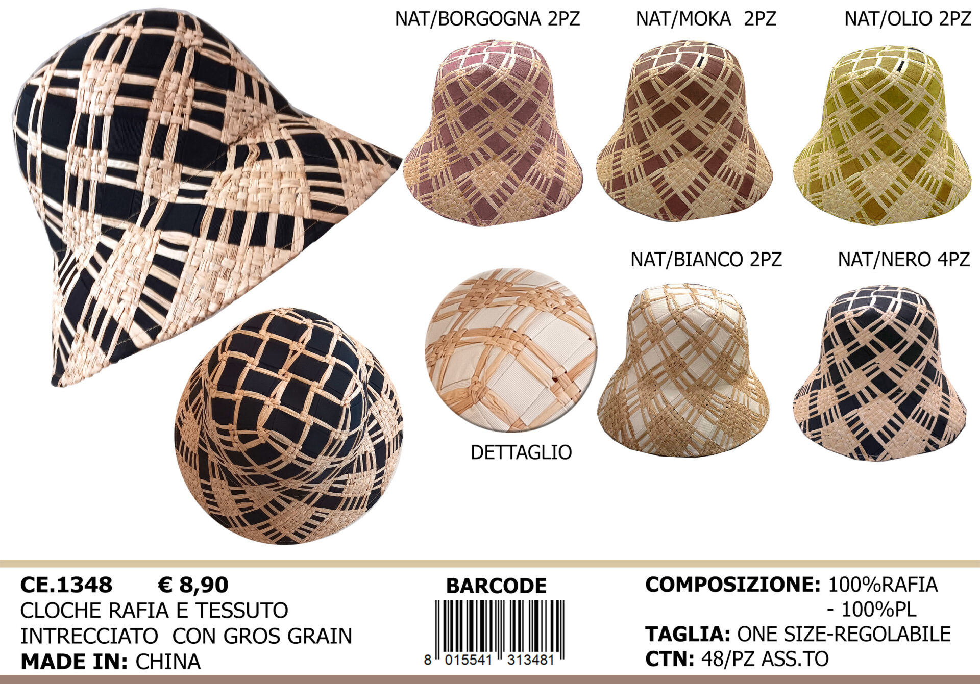 cloche rafia e tessuto intrecciato con gros grain