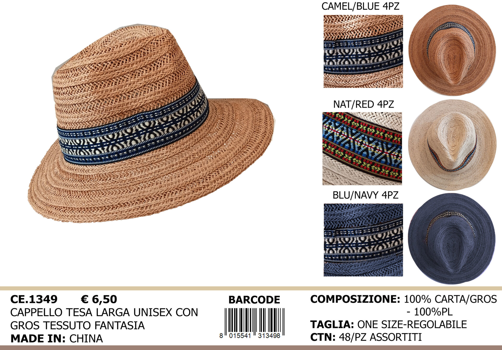 cappello tesa larga unisex con gros tessuto fantasia