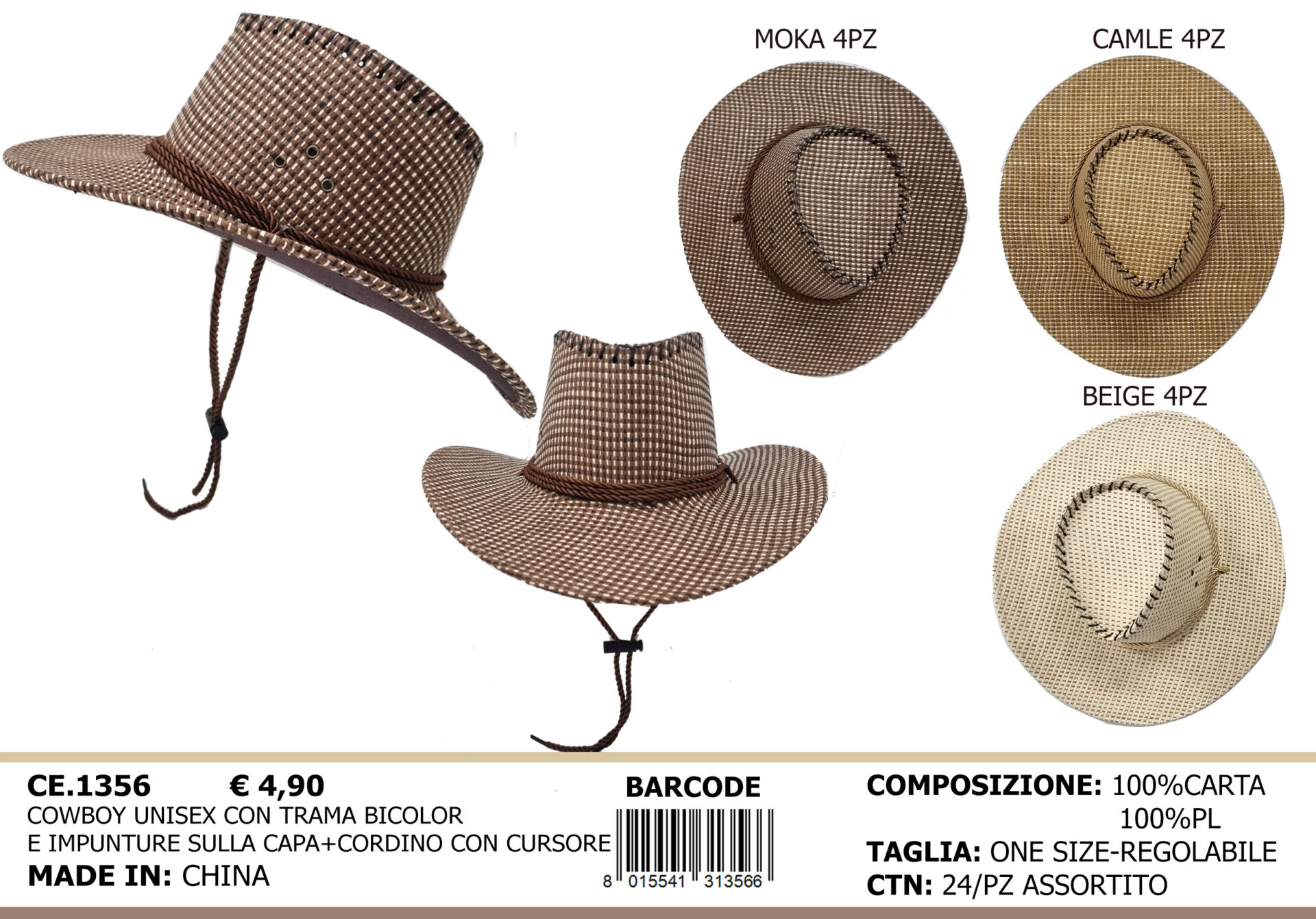 cowboy unisex con trama bicolor e impunture sulla capa e cordino con cursore