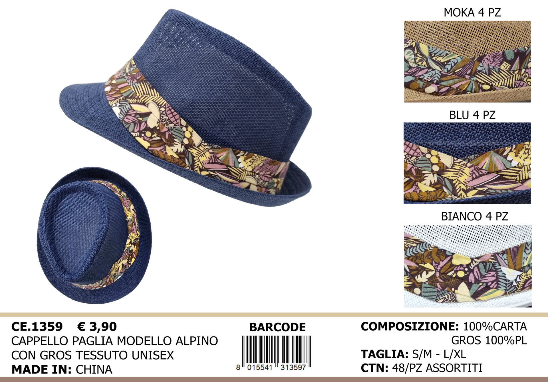 cappello paglia modello alpino con gros tessuto unisex