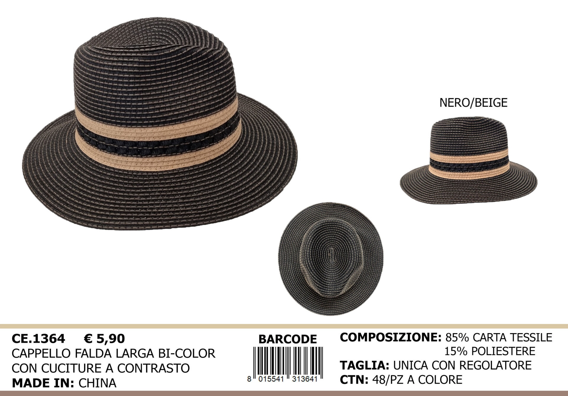 cappello falda larga bicolor con cuciture a contrasto