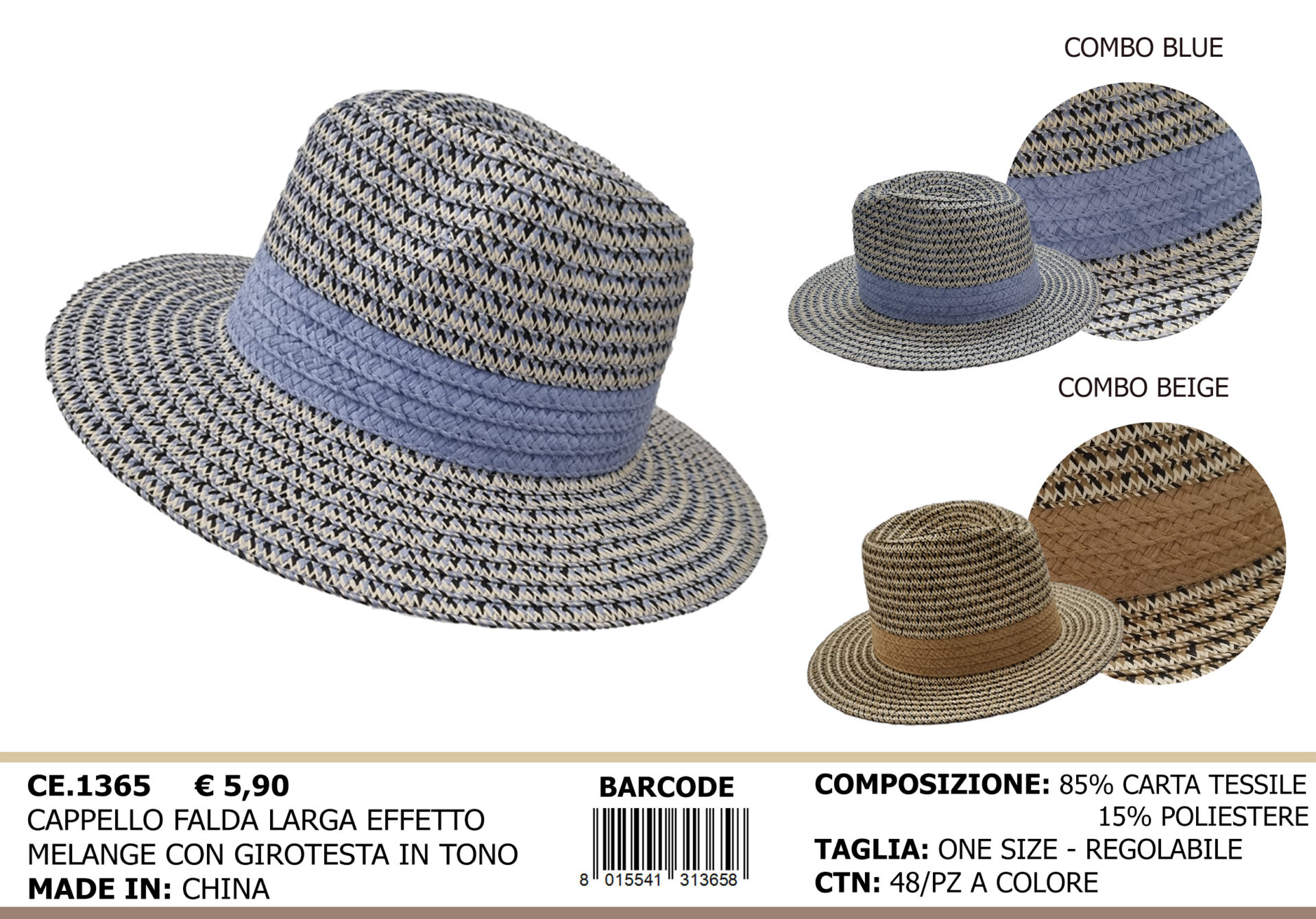 cappello falda larga effetto melange con girotesta in tono