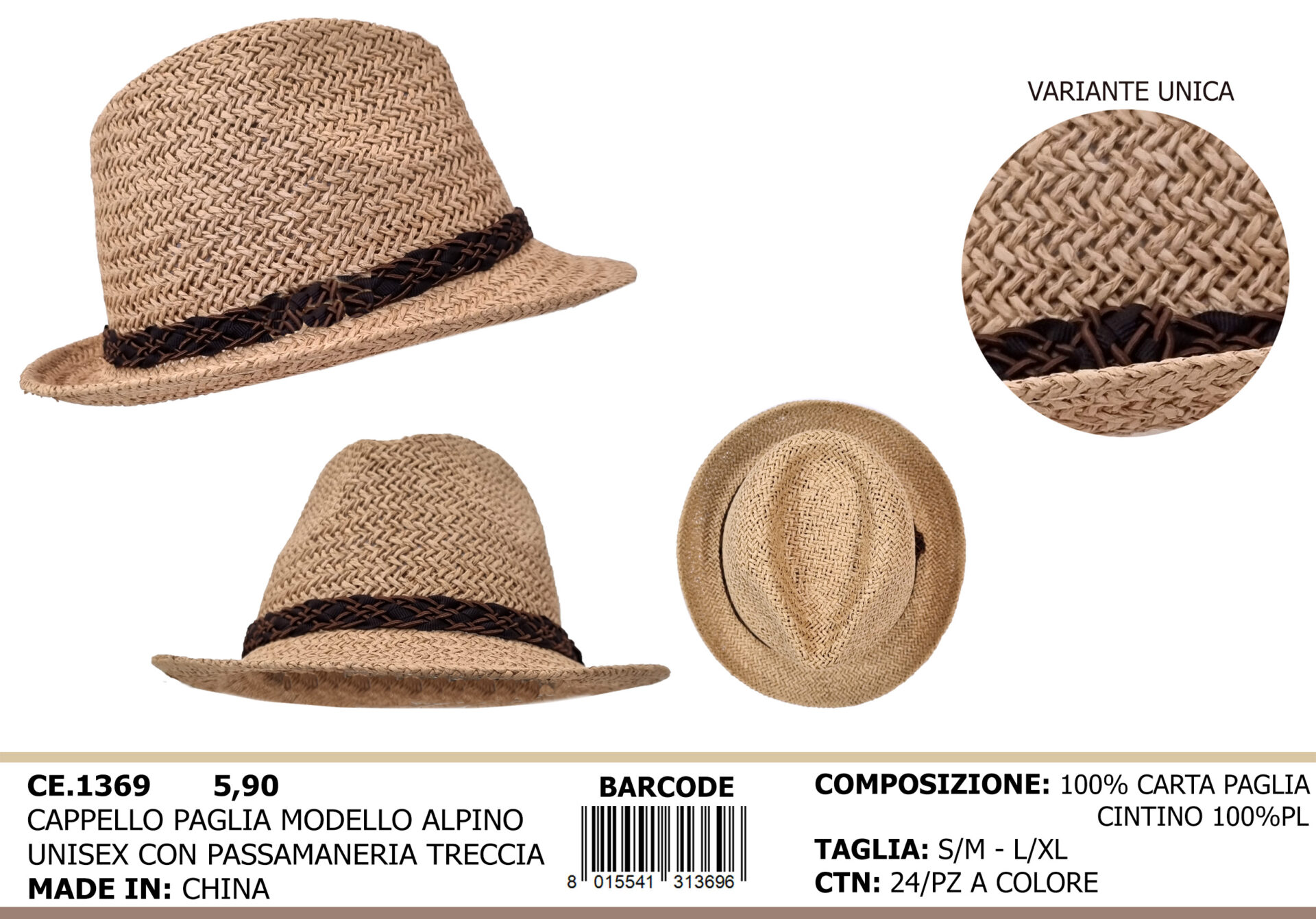 cappello paglia modello alpino unisex con passamaneria treccia