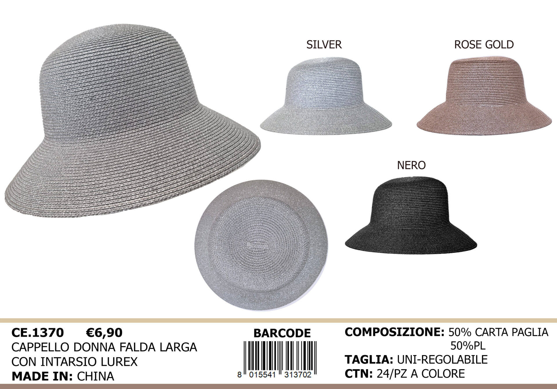 cappello donna falda larga con intarsio lurex