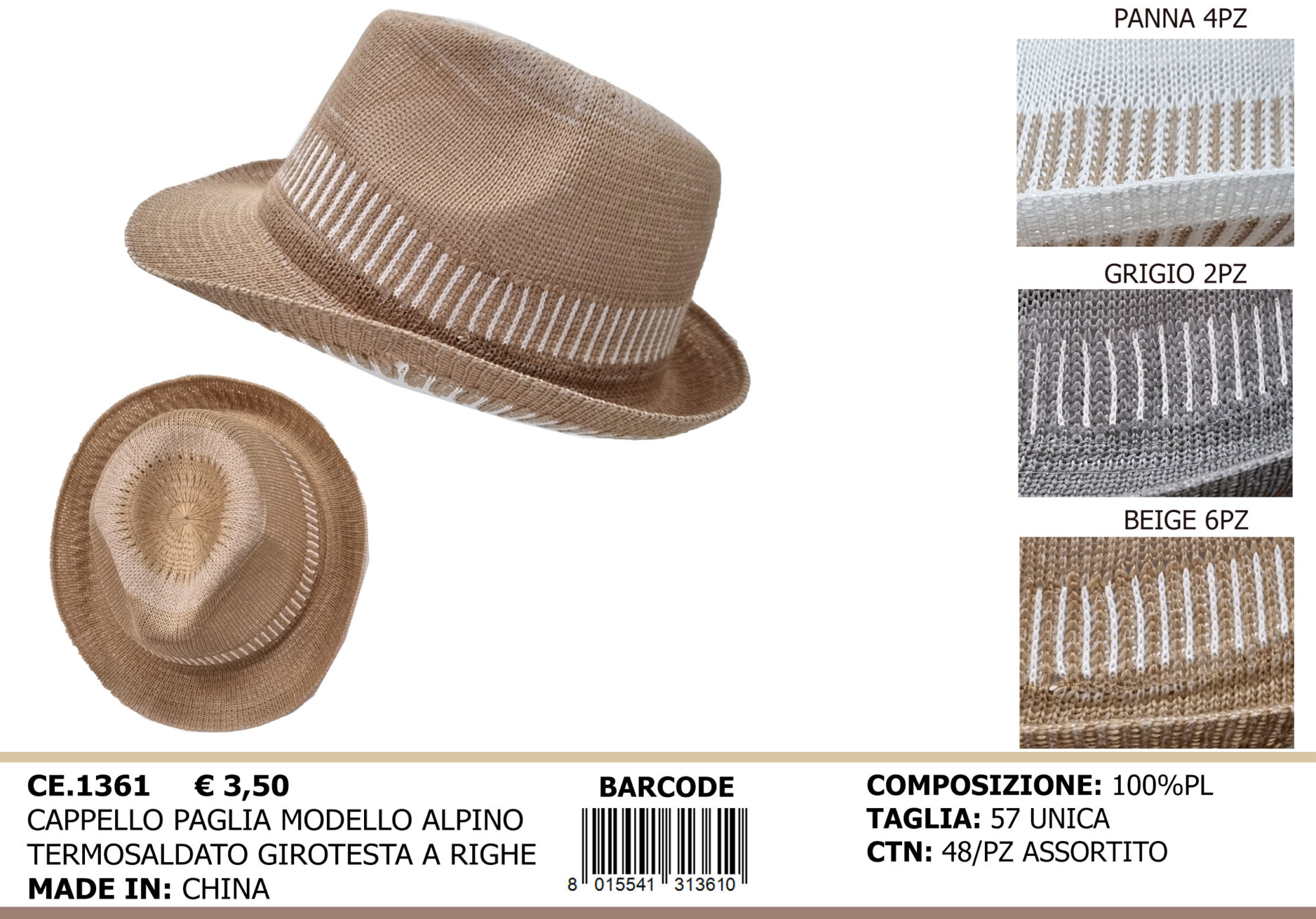 cappello paglia modello alpino termosaldato girotesta a righe