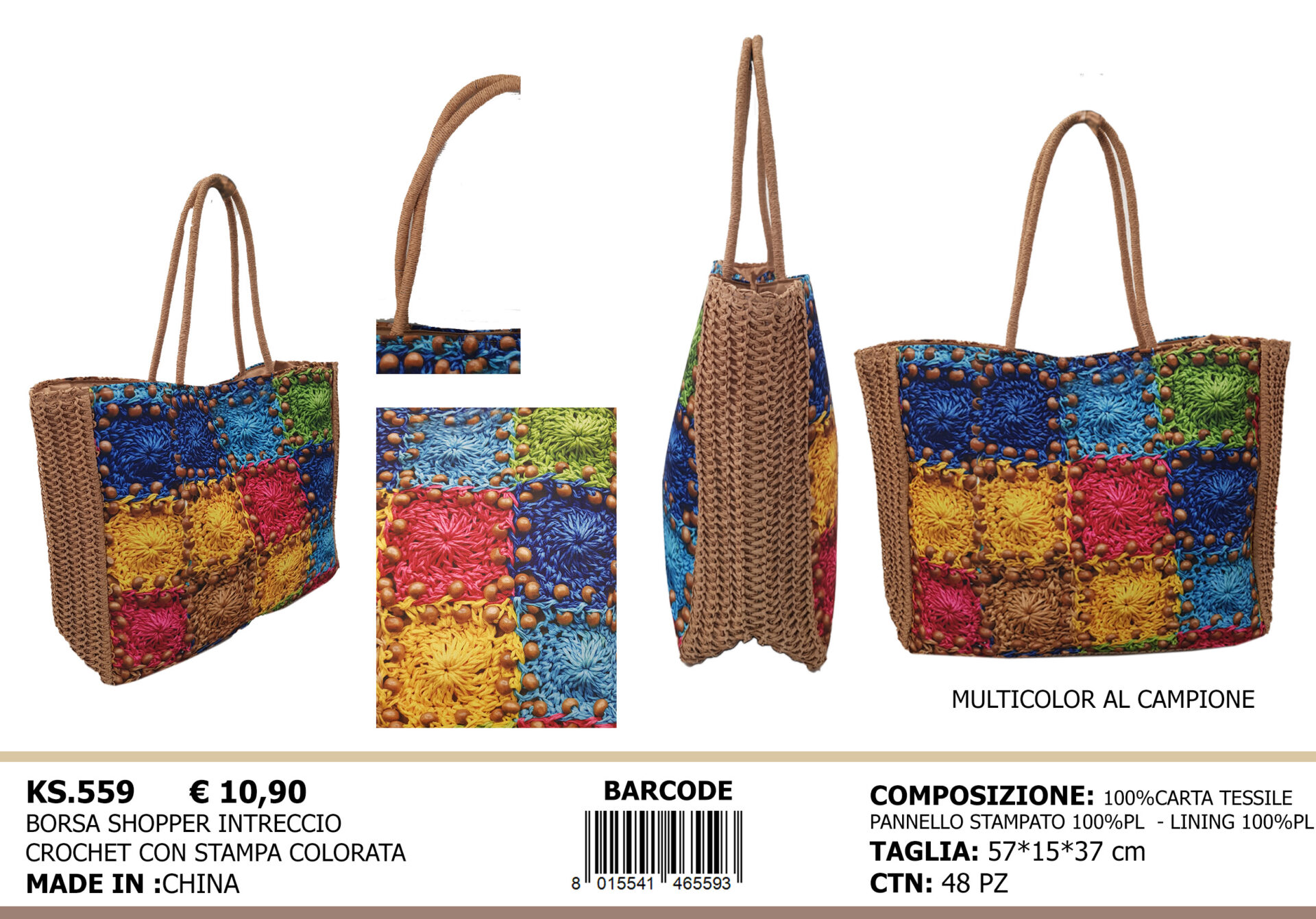 borsa shopper intreccio crochet con stampa colorata