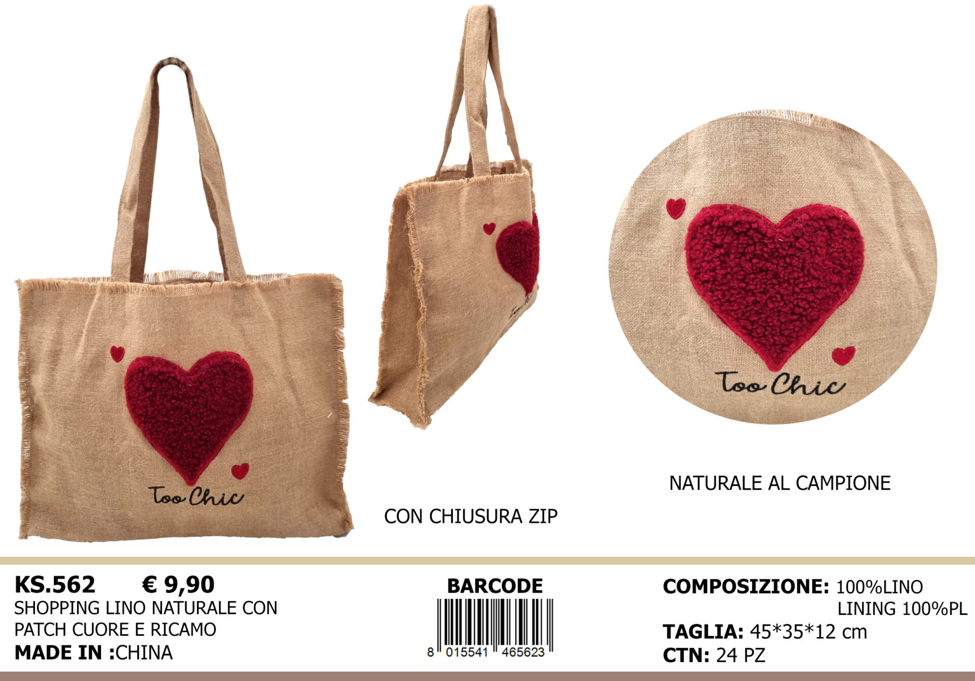 shopping lino naturale con patch cuore e ricamo