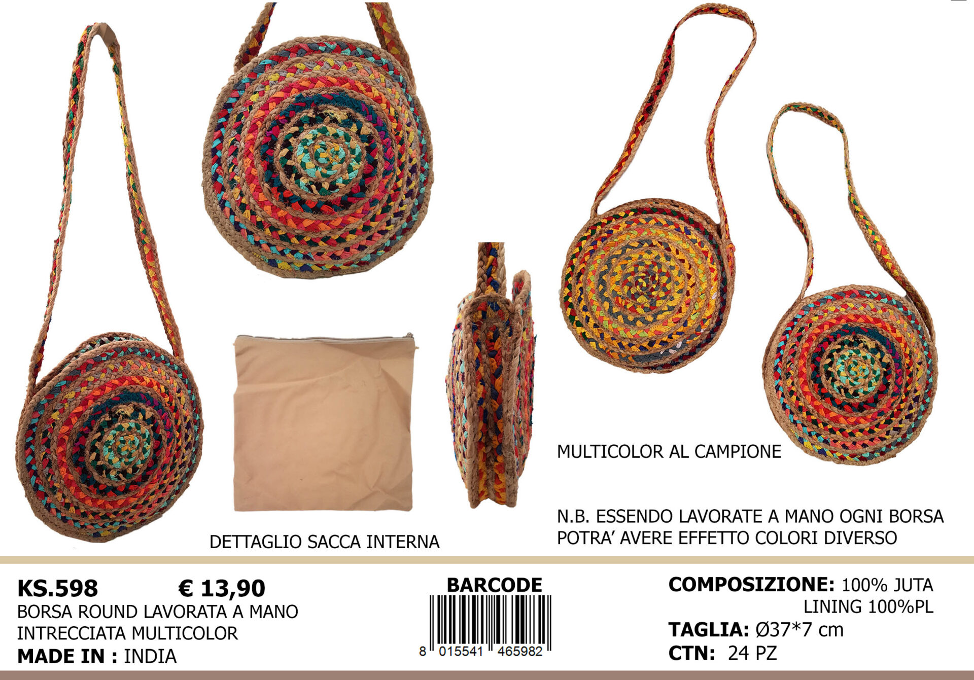 borsa round lavorata a mano intrecciata multicolor