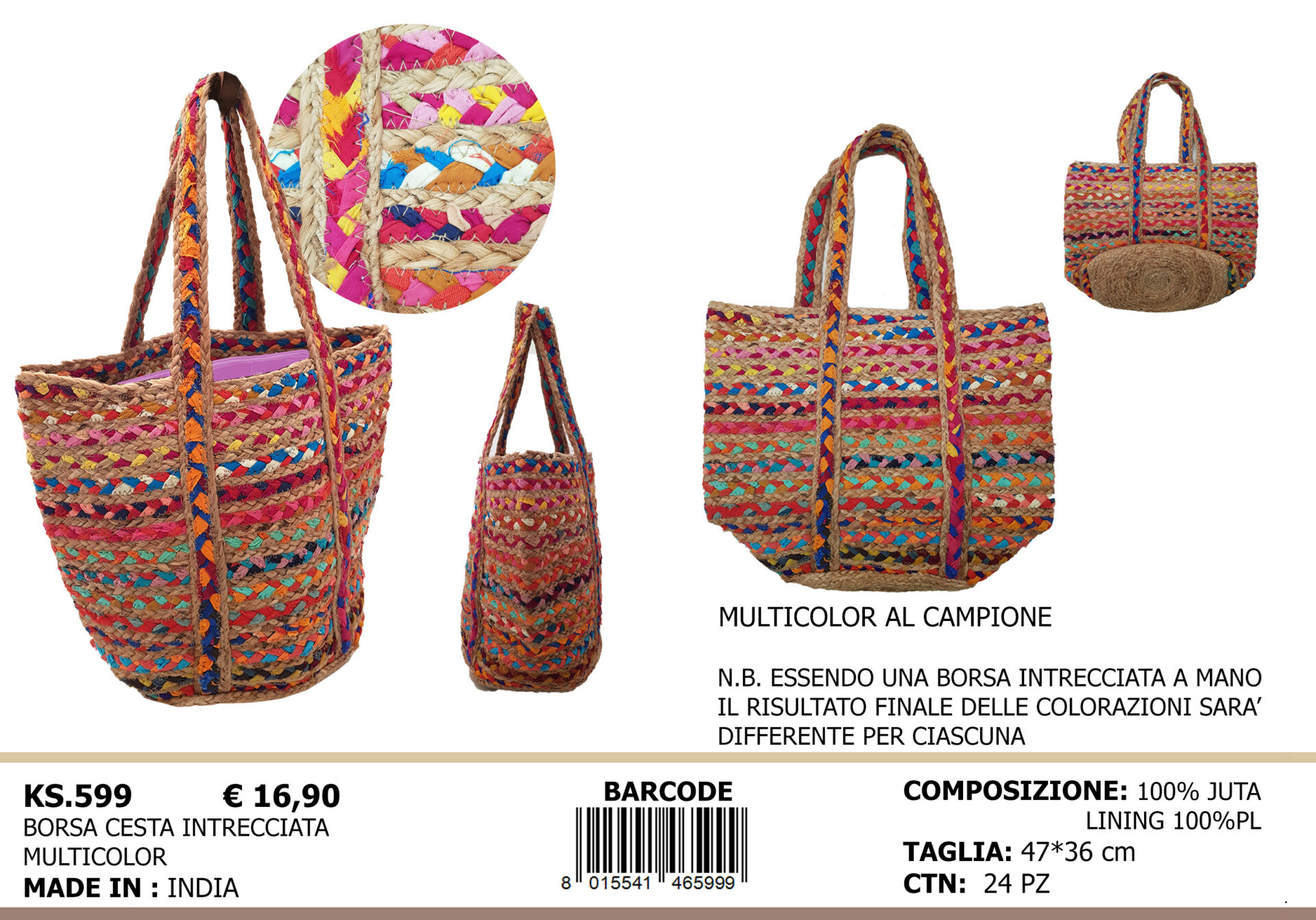 borsa cesta intrecciata multicolor