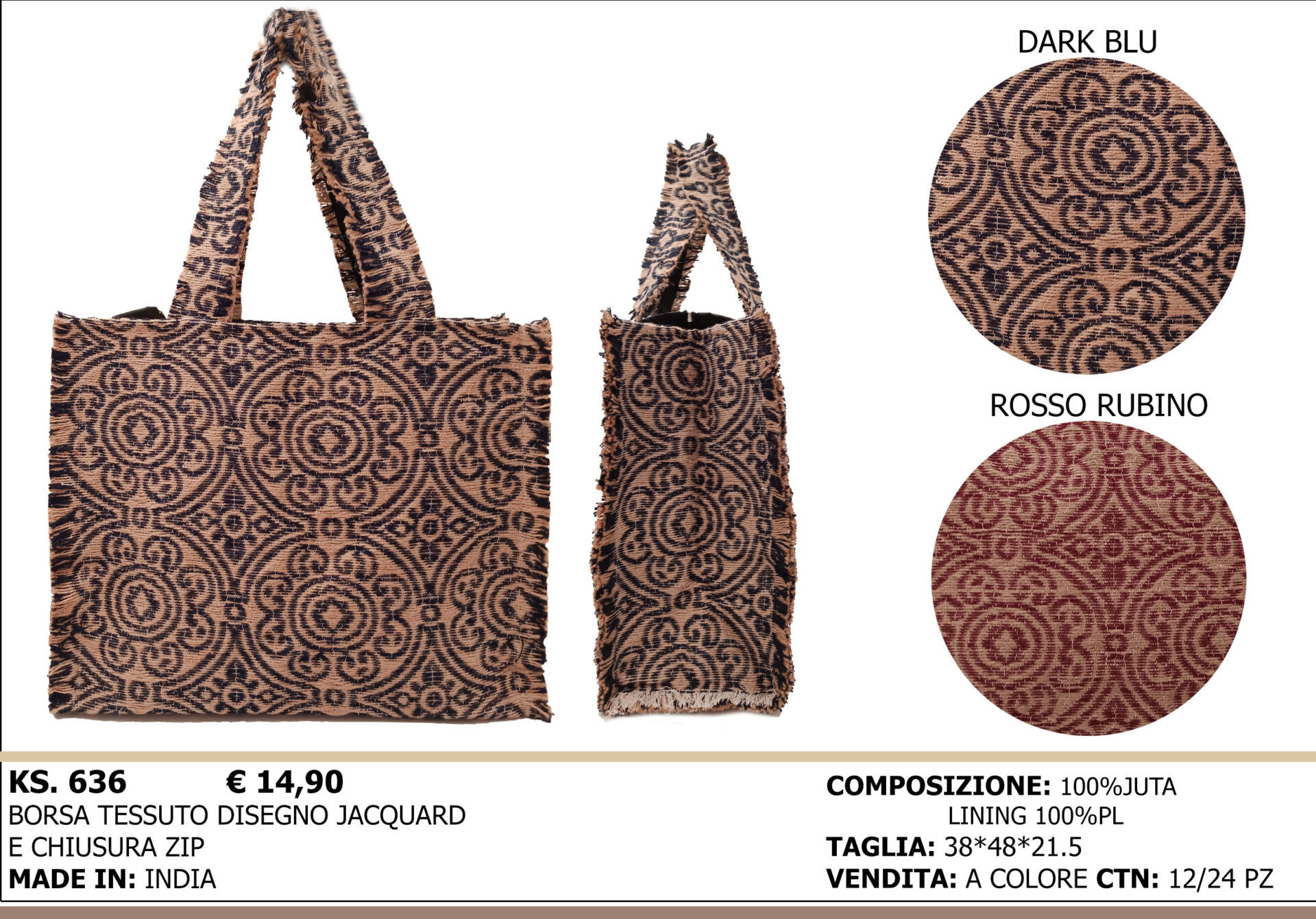 borsa tessuto disegno jacquard e chiusura zip