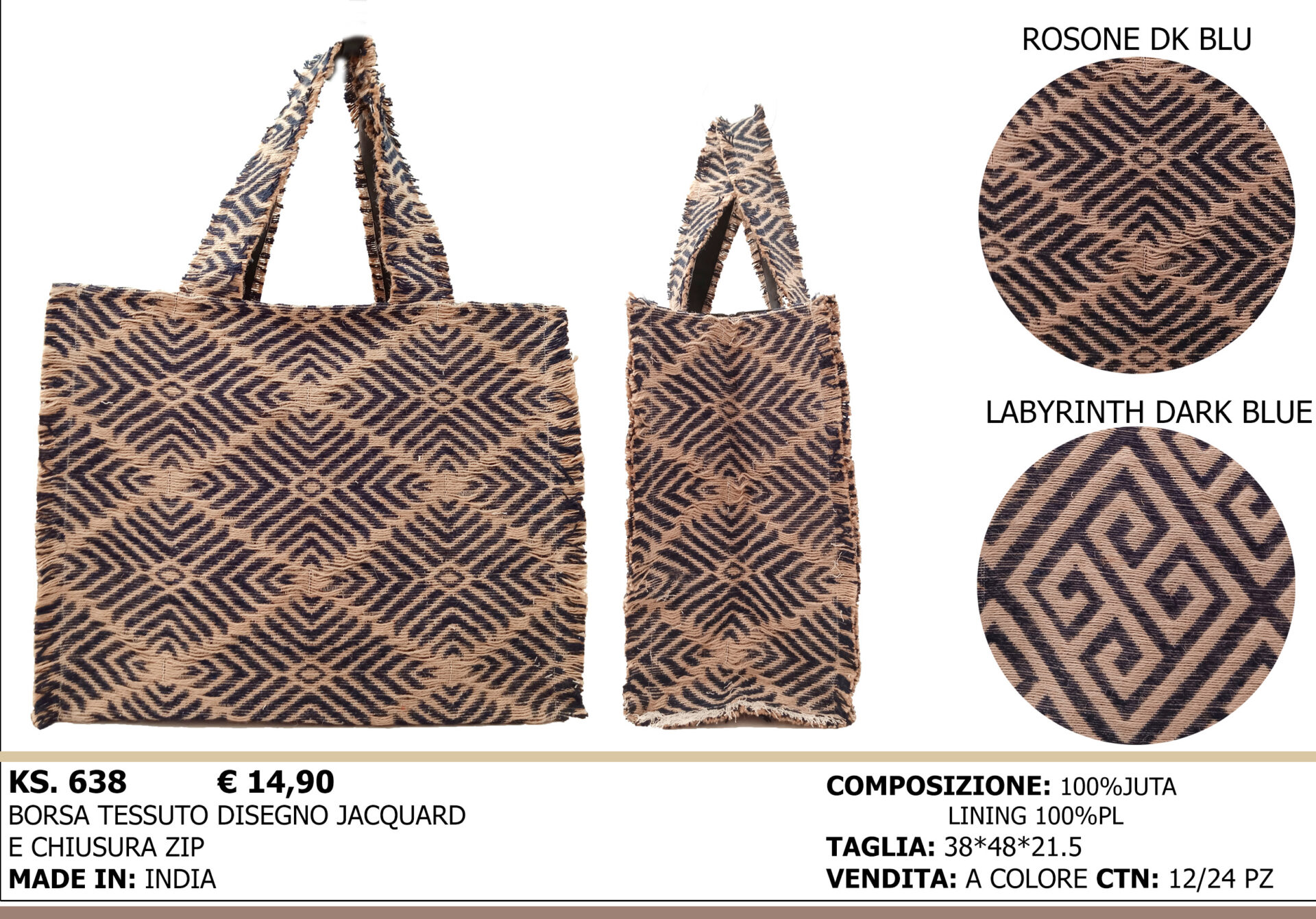 borsa tessuto disegno jacquard e chiusura zip