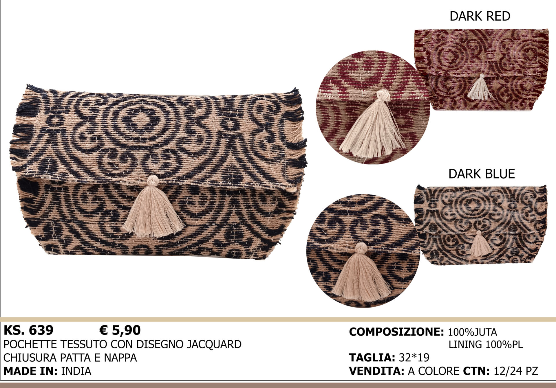 pochette tessuto con disegno jacquard, chiusura piatta e nappa