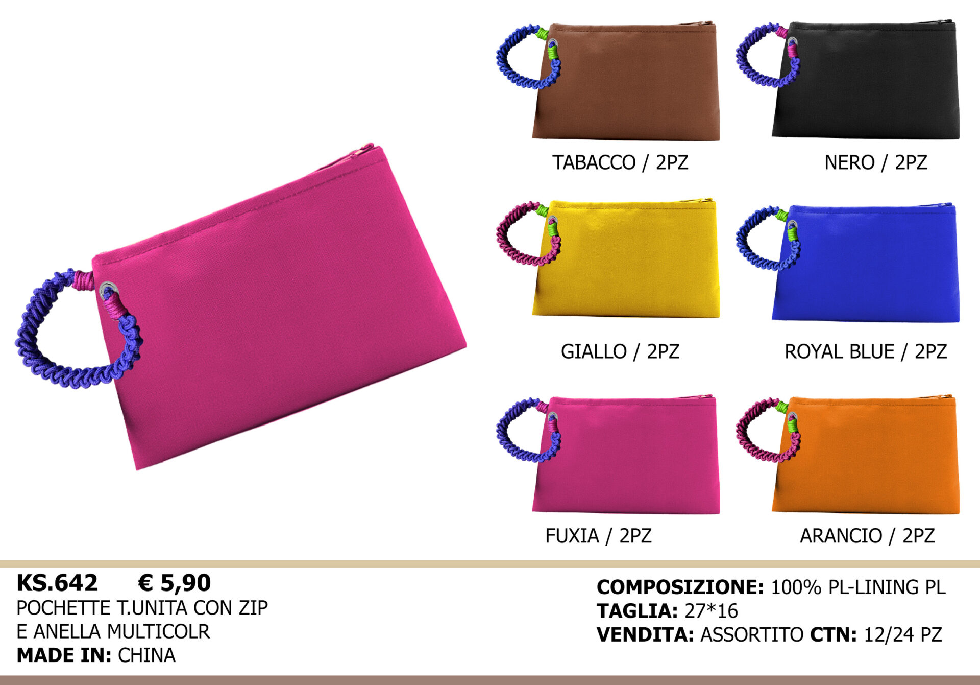 pochette tinta unita con zip e anella multicolor