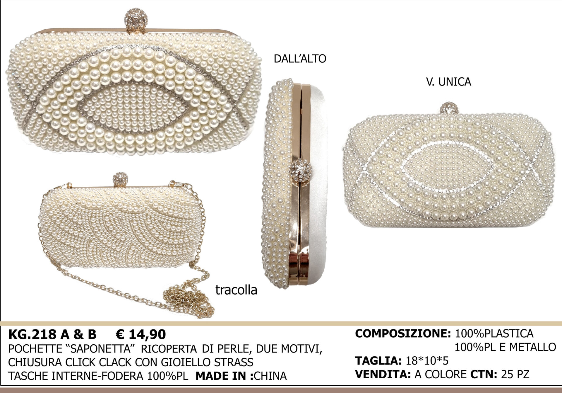 pochette saponetta ricoperta di perle due motivi chiusura click clack con gioiello strass