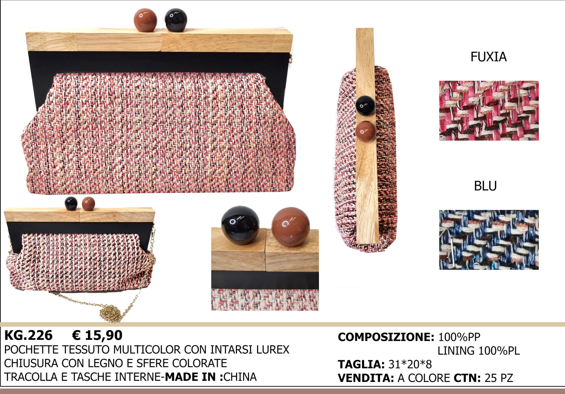 pochette tessuto multicolor con intarsi lurex chiusura con legno e sfere colorate tracolla e tasche interne