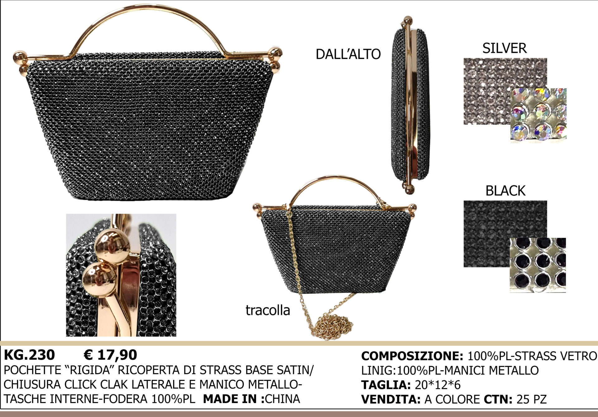 pochette rigida ricoperta di strass base satin/chiusura click clack laterale e manico metallo